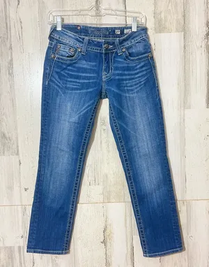MISS ME Distressed Fleur de lis Rhinestones Low Rise Skinny Jeans Size 27 thumbnail 1