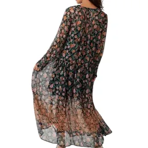 Free People See It Through Maxi Dress in Black Combo Large Floral Prairie Boho thumbnail 12
