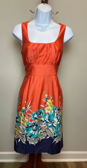 Spense Dress Size 6 Orange Cotton Blend Sleeveless Square Neck Midi Floral Hem thumbnail 1