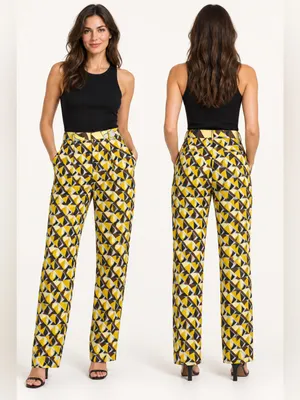 ZARA Women’s S Geometric Print Straight Leg Pants Yellow Brown Retro thumbnail 2
