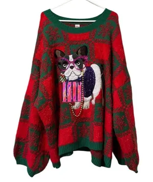 Holiday Time Women Size 4X Boston Terrier Ugly Christmas‎ Sweater Holiday Party thumbnail 1