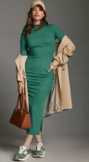 Sundry Ribbed Long Sleeve Mock Neck Ruched Midi Dress in Green thumbnail 1