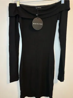 White Fox Nice And Clear Ribbed Off Shoulder Mini Dress Black XS NWT thumbnail 1