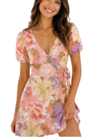 Billabong Floral Wrap Mini Dress Peach Yellow Lavender Puff Sleeve Small NEW thumbnail 1
