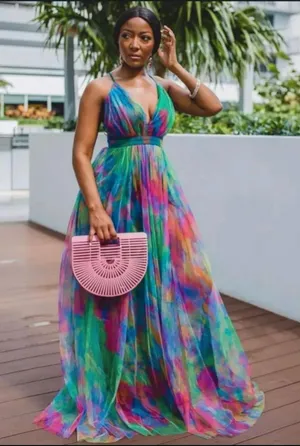 Multi-Color V-Neck Chiffon Maxi Dress thumbnail 1