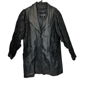 Vintage 80s Wilsons Black Leather Paisley Print Long Sleeve Coat‎ Size M thumbnail 1
