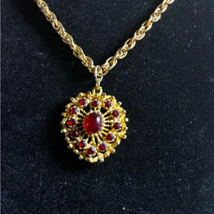 Vintage gold-tone necklace with a red crystal and cabochon pendant. 18” thumbnail 2