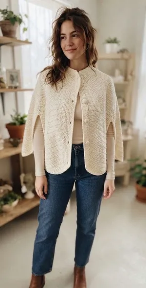 Vintage Handmade Crochet Poncho Capelet Cream Ivory Chevron Button Front Wrap thumbnail 1
