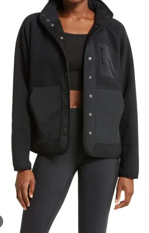 Zella Layer Up Faux Shearling Lined Fleece Jacket Black Snap Front XL Athleisure thumbnail 1
