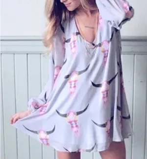 SHOW ME YOUR MUMU Balloon Sleeve Tunic Dress Boho Longhorn Skull Colorful Mini thumbnail 1
