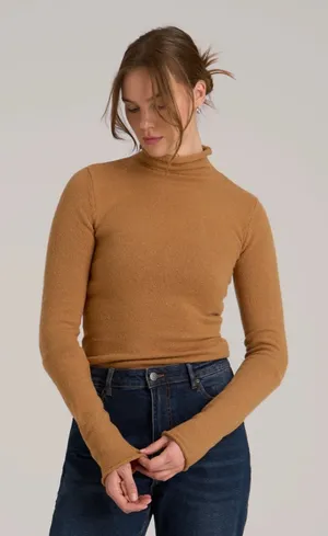 American Eagle Tan Ribbed Long Sleeve Mock Neck Tee Size M thumbnail 1