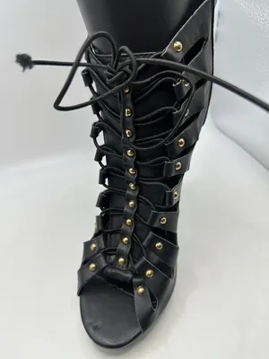 Black Studded Strappy Lace Up Stiletto Heel Ankle Booties Open Toe 6 Rocker Glam thumbnail 5