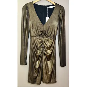 NWT Bishop + Young Luxe Metallic Long Sleeved Ruched Fitted Mini Dress Party thumbnail 2