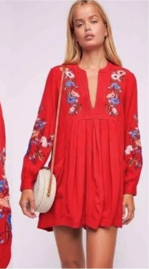 Free People‎ Mia Embroidered Mini Dress Large Red Floral Boho Gauzy Flawy thumbnail 1