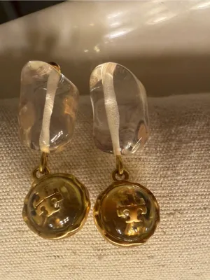 Tory Burch Classy Gold Logo Drop Earrings with Clear Resin Pendants Authentic! thumbnail 2