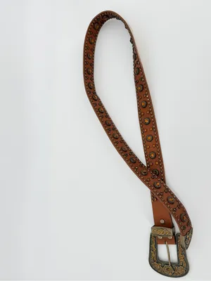 VTG Y2K Studded Western Women Belt XL Amber Accents Bronze 100% Italian Leather thumbnail 8