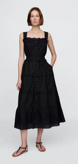 GAP x DOEN Midi Dress Black Cotton Eyelet Tiered Button Front Smocked Waist M thumbnail 1