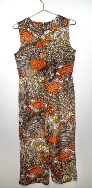 Anthropologie Jumpsuit Cotton Linen Mo:Vint Brown Orange sleeveless retro Leaf thumbnail 1