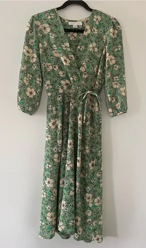 Monteau Green Floral Midi Wrap Dress Small Romantic Feminine Spring Cottagecore Boho thumbnail 1