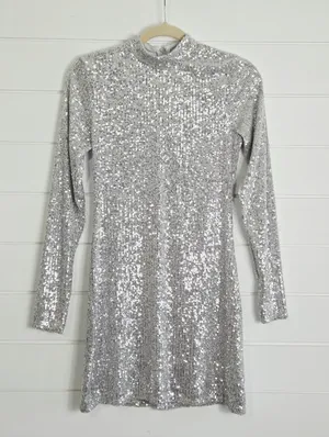 Abercrombie & Fitch Silver Shimmering Sequin Long Sleeve Mini Dress Size S thumbnail 3