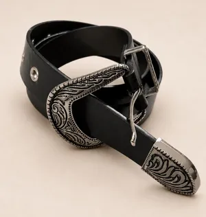 Black Leather Western Engraved Silver Buckle Belt | Size 27 | Boho Cowgirl thumbnail 1