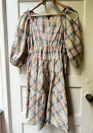 Anthropologie Drew Babydoll Dress S Plaid Prairie Cottagecore Cotton Boho Barn thumbnail 1