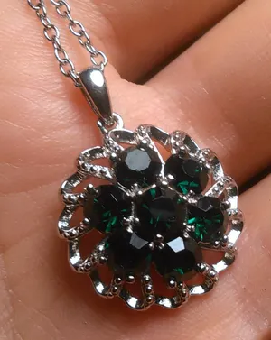 Green Crystal Floral Platinum over Brass Pendant Stainless Steel Necklace thumbnail 1