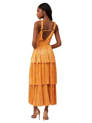 Sabina Musayev Alma Midi Dress in Mandarin Orange Pleated Tiered Small thumbnail 3