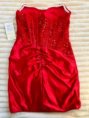 NWT Stacees Strapless Corset Mini Dress Size US6 Red Satin thumbnail 2