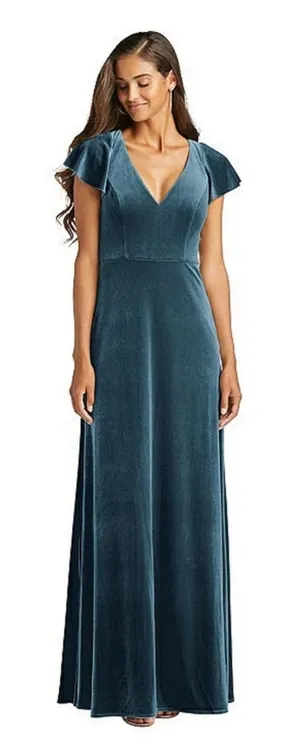 NWT After Six Lux Velvet V-Neck Maxi‎ Low V-Back Flutter Sleeves Dress 0 thumbnail 1