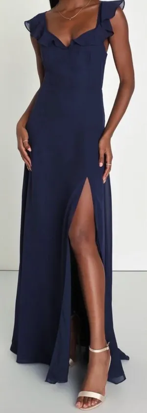 Lulu's Sweetest Entrance Deep Navy BlueRuffled Shoulder Tie-back Maxi Dress thumbnail 1