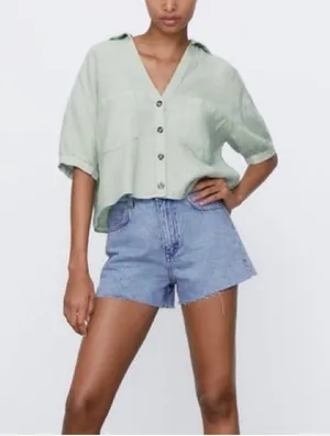 Zara Nwt High Rise Denim Shorts Mid-Blue thumbnail 1