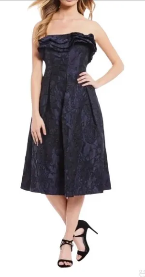 ANTONIO‎ MELANI Strapless Cocktail Dress Size 4 Navy Blue Midi Embroidered New thumbnail 1