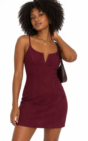 NWT Iris Mini Dress Womens M Maroon Faux Suede Bodycon Sleeveless Cocktail thumbnail 1