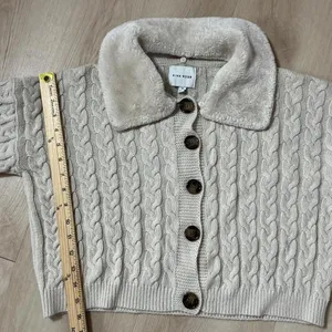 PINK ROSE Cable Knit Faux Fur‎ Collar Cardigan Sweater Cream Beige Penny Lane thumbnail 4