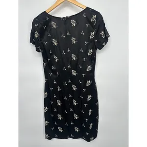 Vintage 90s Black Satin Sheath Mini Dress Floral Goth Indie Grunge‎ Whimsygoth 7 thumbnail 4