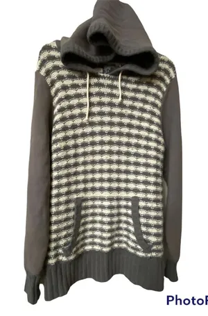 Old Navy L/XL Gray & White Knit Hoodie Sweater With Ribbed Hem & Kangaroo Pocket thumbnail 1