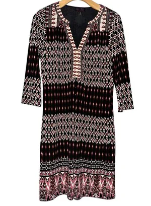 Hale Bob Vintage Womens Size M Black Burgundy Geo Printed Henley Neck Mini Dress thumbnail 2