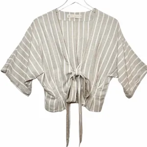 Happy x Nature Beige Tan Striped Linen Blouse Women’s Top Size Small thumbnail 1