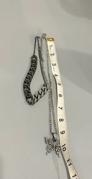 Rhinestone Chain Layered Necklace with Butterfly Pendant - Black/Silver thumbnail 4