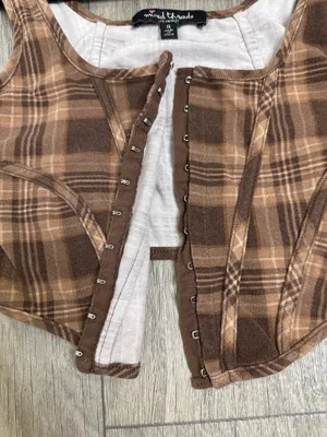 Brown Plaid Crop Top Hook and Eye Front Size Small | Grunge thumbnail 9
