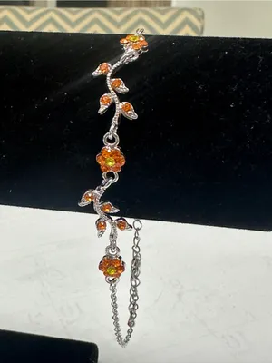 Silver Floral Bracelet with Bright Orange Crystal Accents thumbnail 11