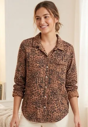 AERIE Animal Print Buttondown Pajama Top S 21” p2p Brown Multi NWOT thumbnail 1
