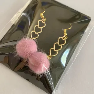 Handmade Earrings Heart Pink Pompom Dangle Kawaii y2k thumbnail 4