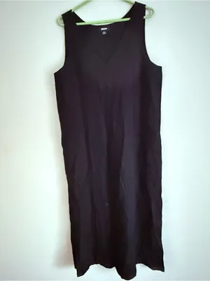 DKNY V-Neck Linen Blend Maxi Dress Black Coastal Beachy Side Slits Resort L thumbnail 2