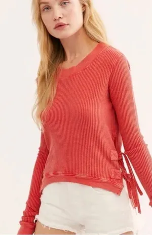 Free People One Interlaken Red waffle knit lace up crop top size large. thumbnail 1