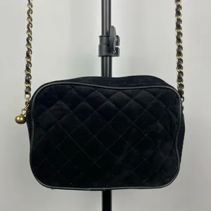 Black Quilted Faux Leather Camera Bag with Golden Chain and‎ Faux Leather Strap thumbnail 2
