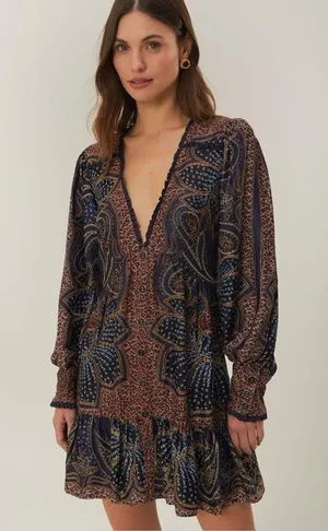 NWOT FARM Rio Floral Paisley Ruffles Mini Dress Glam Boho Long Sleeve Size XS thumbnail 1