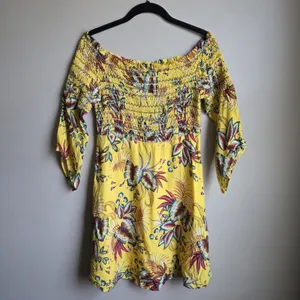 Farm Rio Bria Smocked Dress Anthropologie Size S Petite Yellow Tropical Floral thumbnail 4