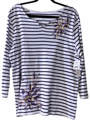 Hasting & Smith NWT Dark Purple Striped Floral 3/4 Sleeve Cotton Blend Top XL thumbnail 1